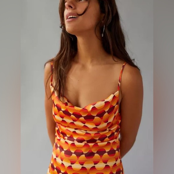 Orange Cowl Neck Satin Slip Dress - Picture 2 of 4